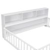 Full Floor Bed with Side Bookcase,Shelves,Guardrails,White
