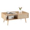 41.3 Inch Rattan Coffee Table with Sliding Storage Door, Rectangle Wooden Accent Center Sofa Table with Solid Wood Legs,Suitable for Living Room