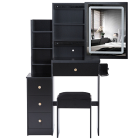 29.2 Small Size Left Bedside Cabinet Vanity Table   Cushioned Stool, 2 AC  2 USB Power Station, Hair Dryer Bracket  Extra Large Touch Control Sliding (Color: Black)