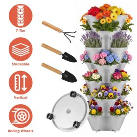 7 Tier Stackable Vertical Planter with Wheels Strawberry Planter Tower Space Saving Garden Planter with Drainage System Rolling Herb Flower Vegetable (Option: Grey)