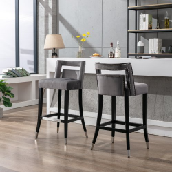 Suede Velvet Barstool With Nailheads Dining Room Chair2 Pcs Set - 30 Inch Seater Height (Color: Grey)