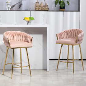 26 Counter Height Bar Stools Velvet Kitchen Island Counter Bar Stool With Hand- Wave Back,golden Chromed Base And Footrest (Color: pink)